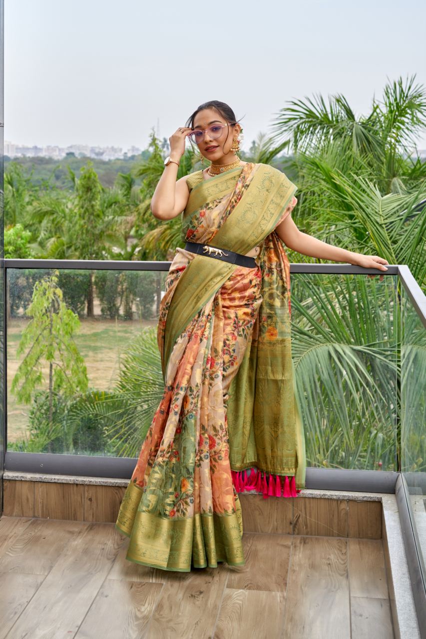 Golden Zari Weaved Border Organza Multi Color Saree