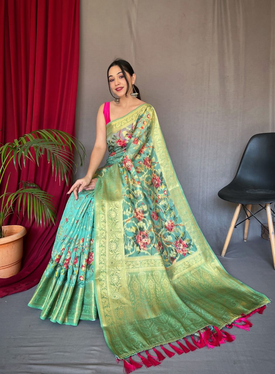 Organza Aqua Green Zari Weaving Digital Printed Saree