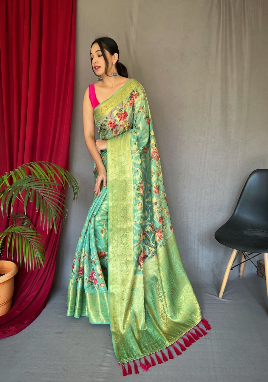 Organza Aqua Green Zari Weaving Digital Printed Saree