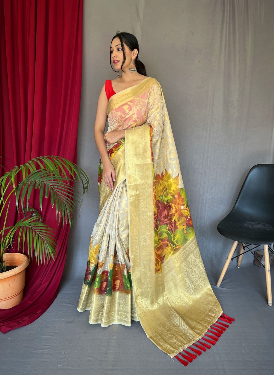 Organza Off White Zari Weaving Digital Printed Saree