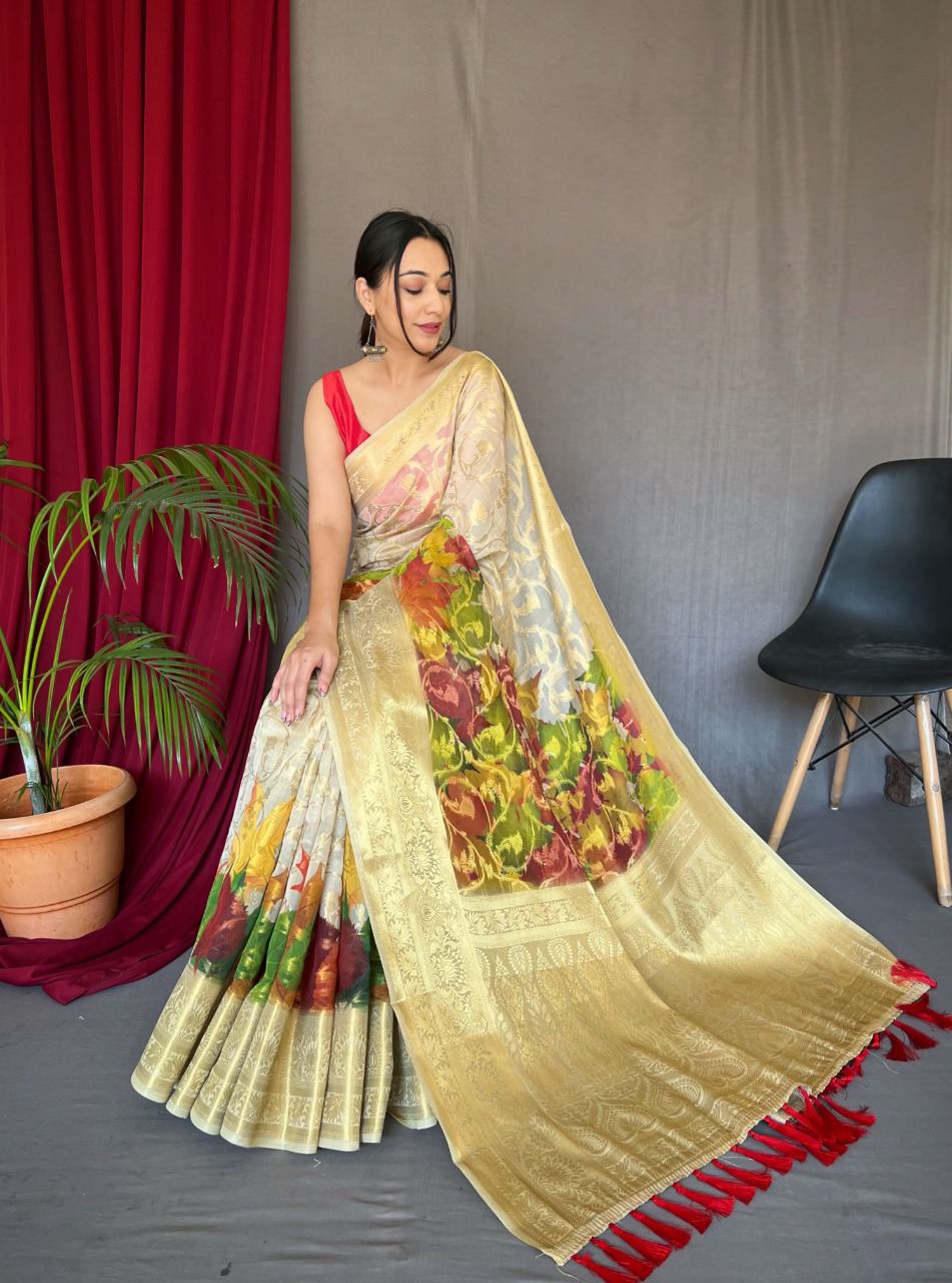 Organza Off White Zari Weaving Digital Printed Saree