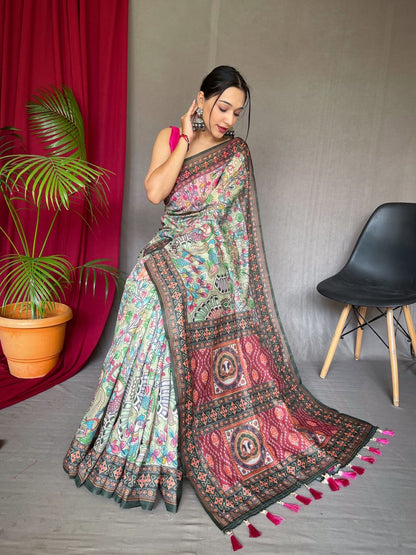 Elegant Kalamkari Printed Green Color Saree