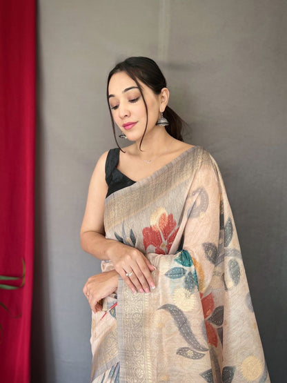 Grey Digital Print With Floral Exclusive Saree