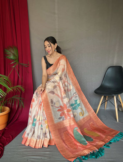 Peach Digital Print With Floral Exclusive Saree