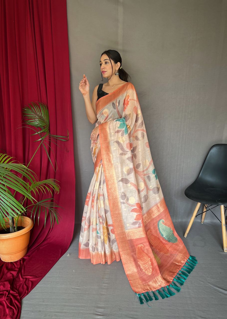 Peach Digital Print With Floral Exclusive Saree