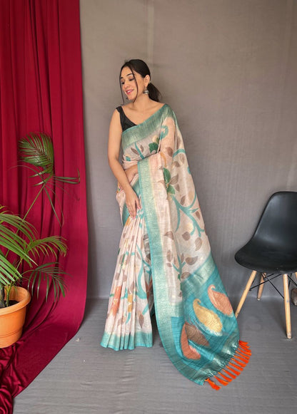 Sky Blue Digital Print With Floral Exclusive Saree