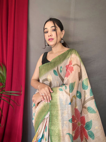 Green Digital Print With Floral Exclusive Saree