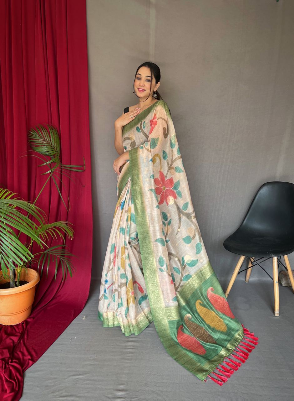 Green Digital Print With Floral Exclusive Saree