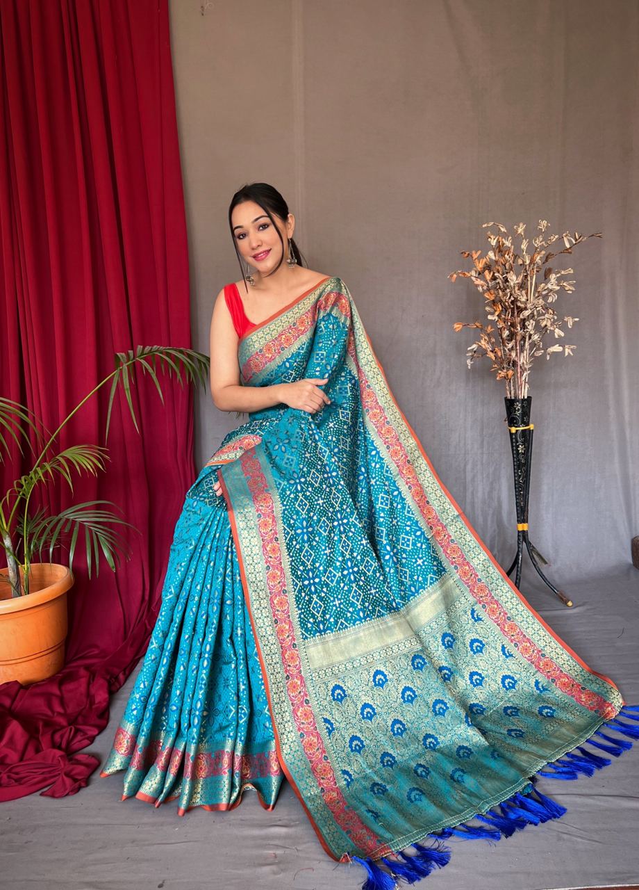 Rich Pallu Sky Blue Color Patola Silk Saree