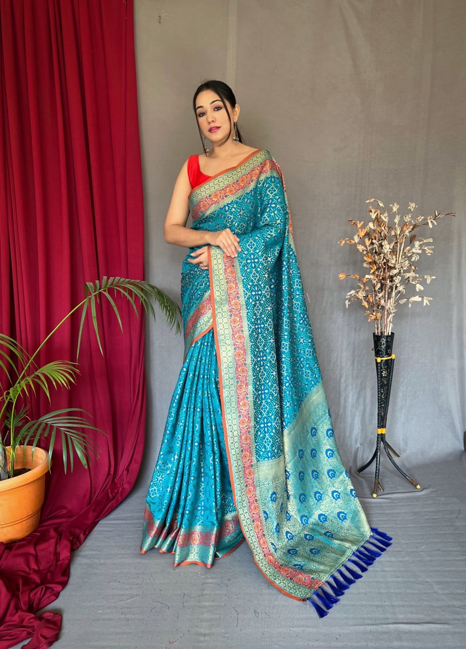 Rich Pallu Sky Blue Color Patola Silk Saree