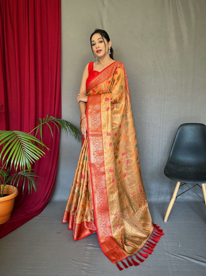 Tissue Silk Leaf Print Mustard Color Saree