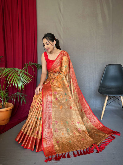 Tissue Silk Leaf Print Mustard Color Saree