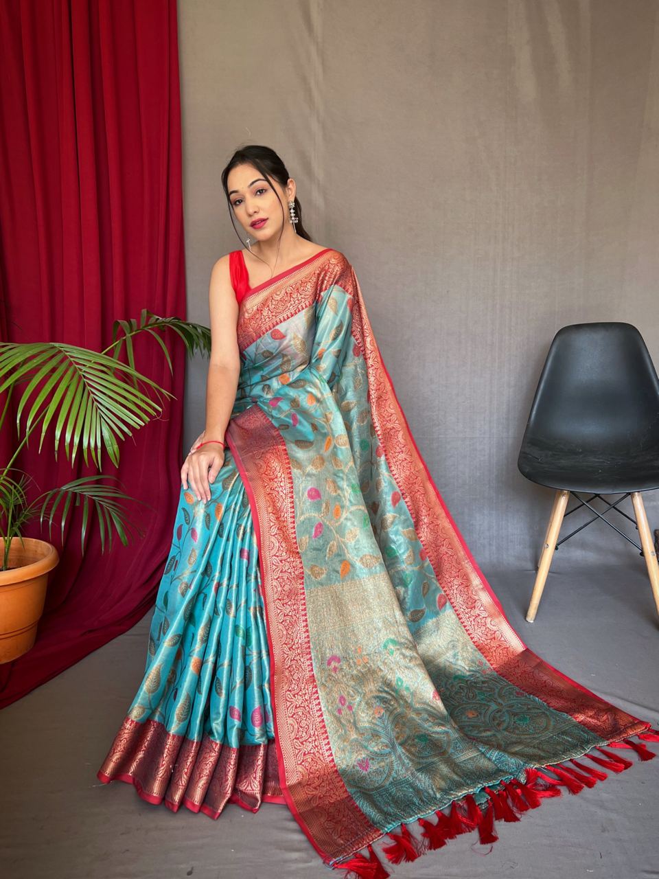 Tissue Silk Leaf Print Sky Blue Color Saree