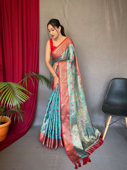 Tissue Silk Leaf Print Sky Blue Color Saree