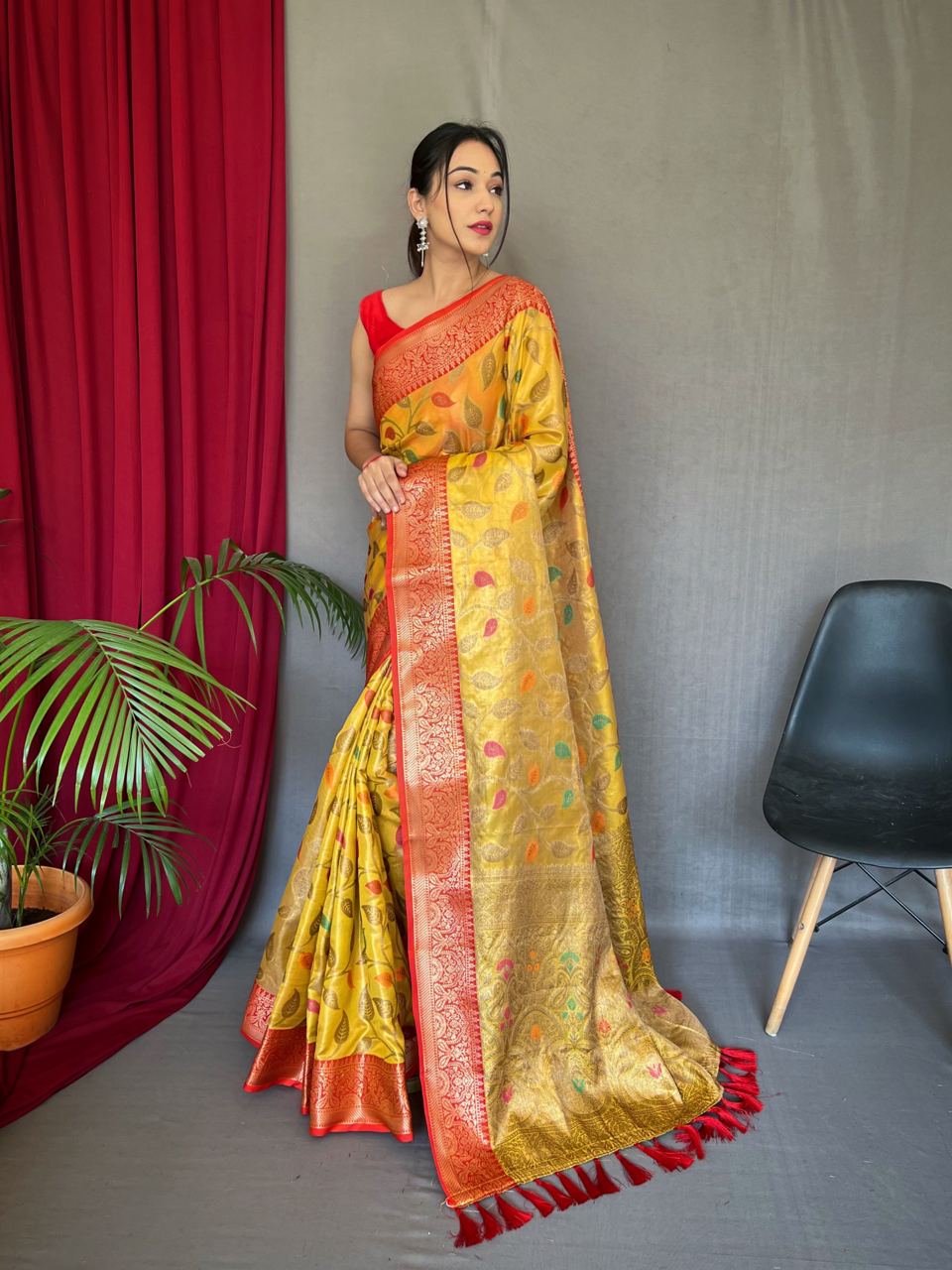 Tissue Silk Leaf Print Yellow Color Saree