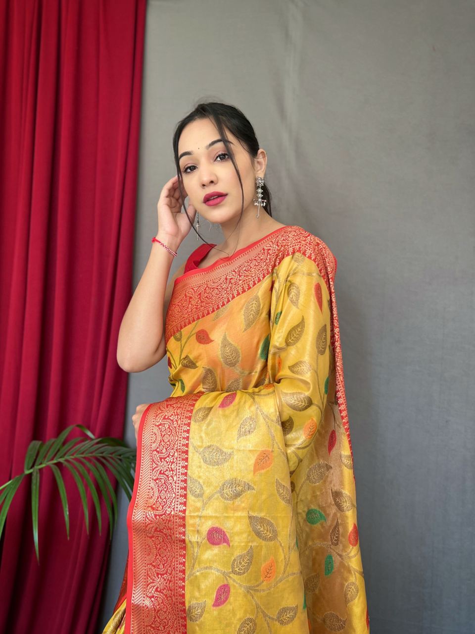 Tissue Silk Leaf Print Yellow Color Saree