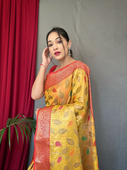 Tissue Silk Leaf Print Yellow Color Saree