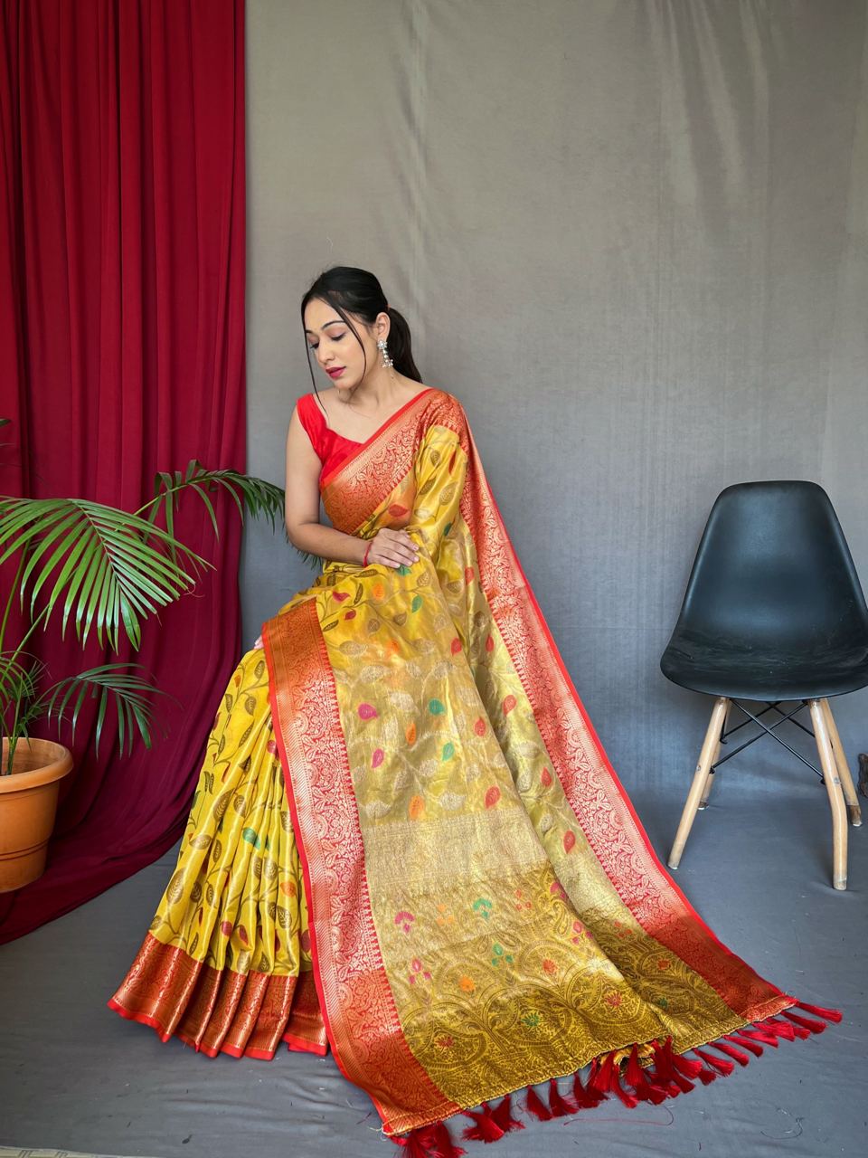 Tissue Silk Leaf Print Yellow Color Saree