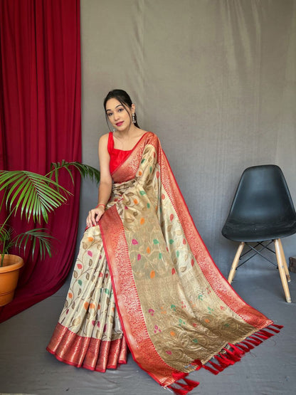 Tissue Silk Leaf Print Cream Color Saree