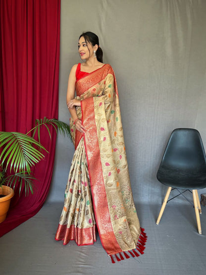 Tissue Silk Leaf Print Cream Color Saree