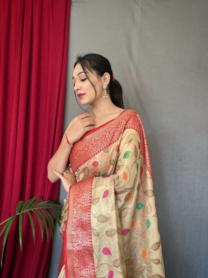 Tissue Silk Leaf Print Cream Color Saree