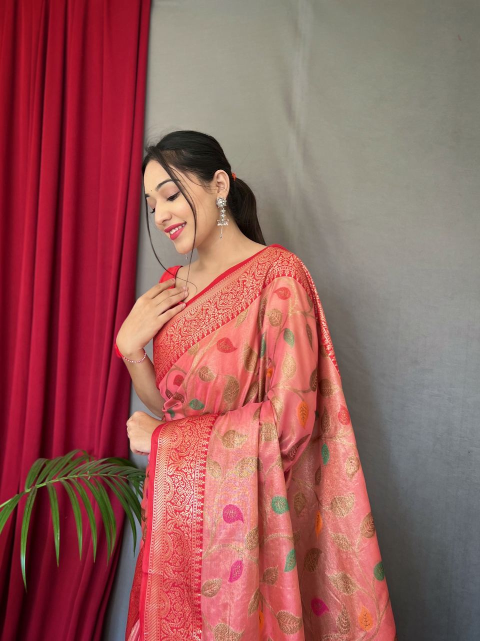 Tissue Silk Leaf Print Peach Color Saree