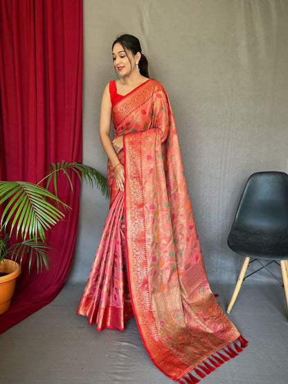 Tissue Silk Leaf Print Peach Color Saree