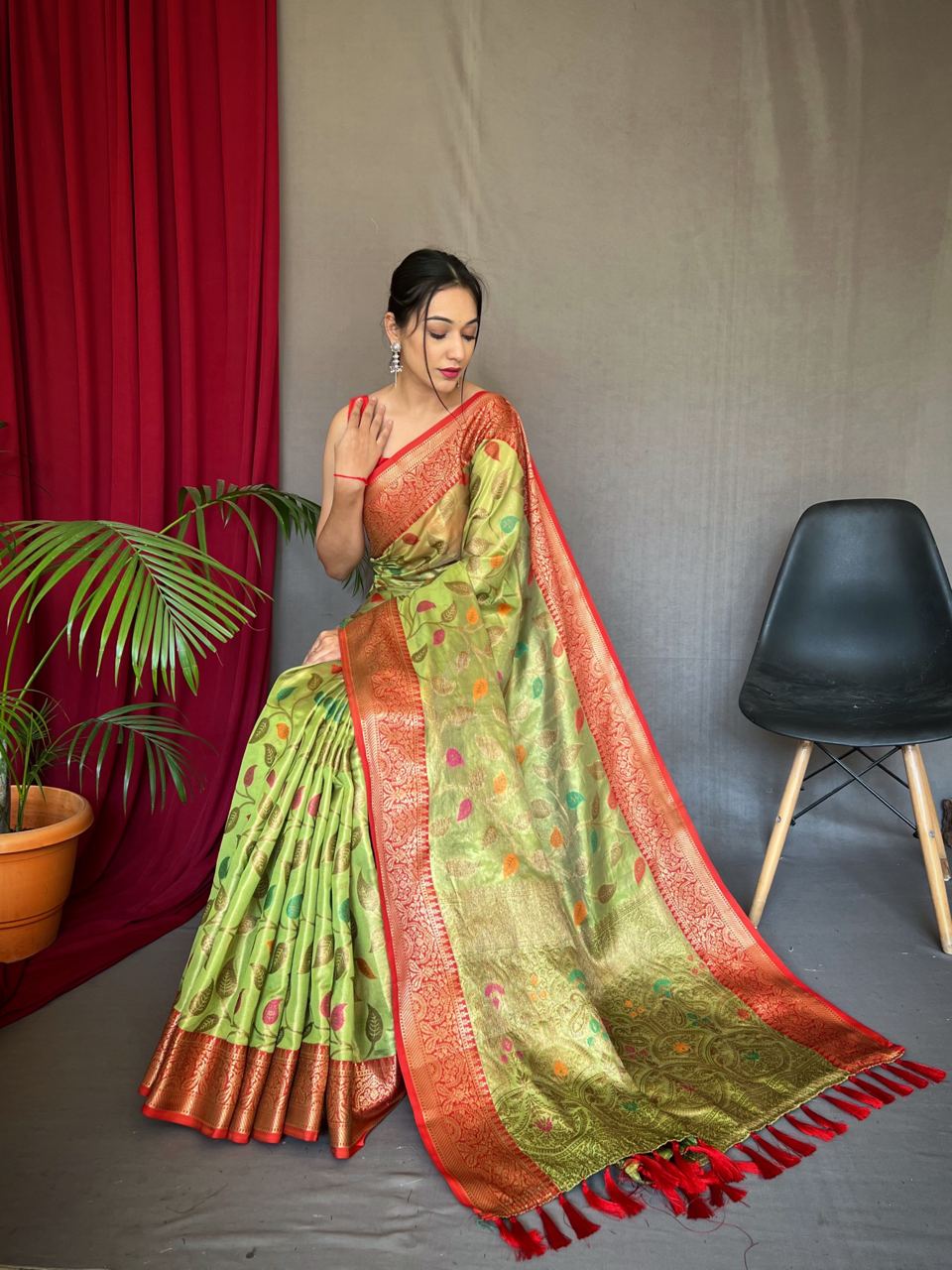 Tissue Silk Leaf Print Parrot Green Color Saree