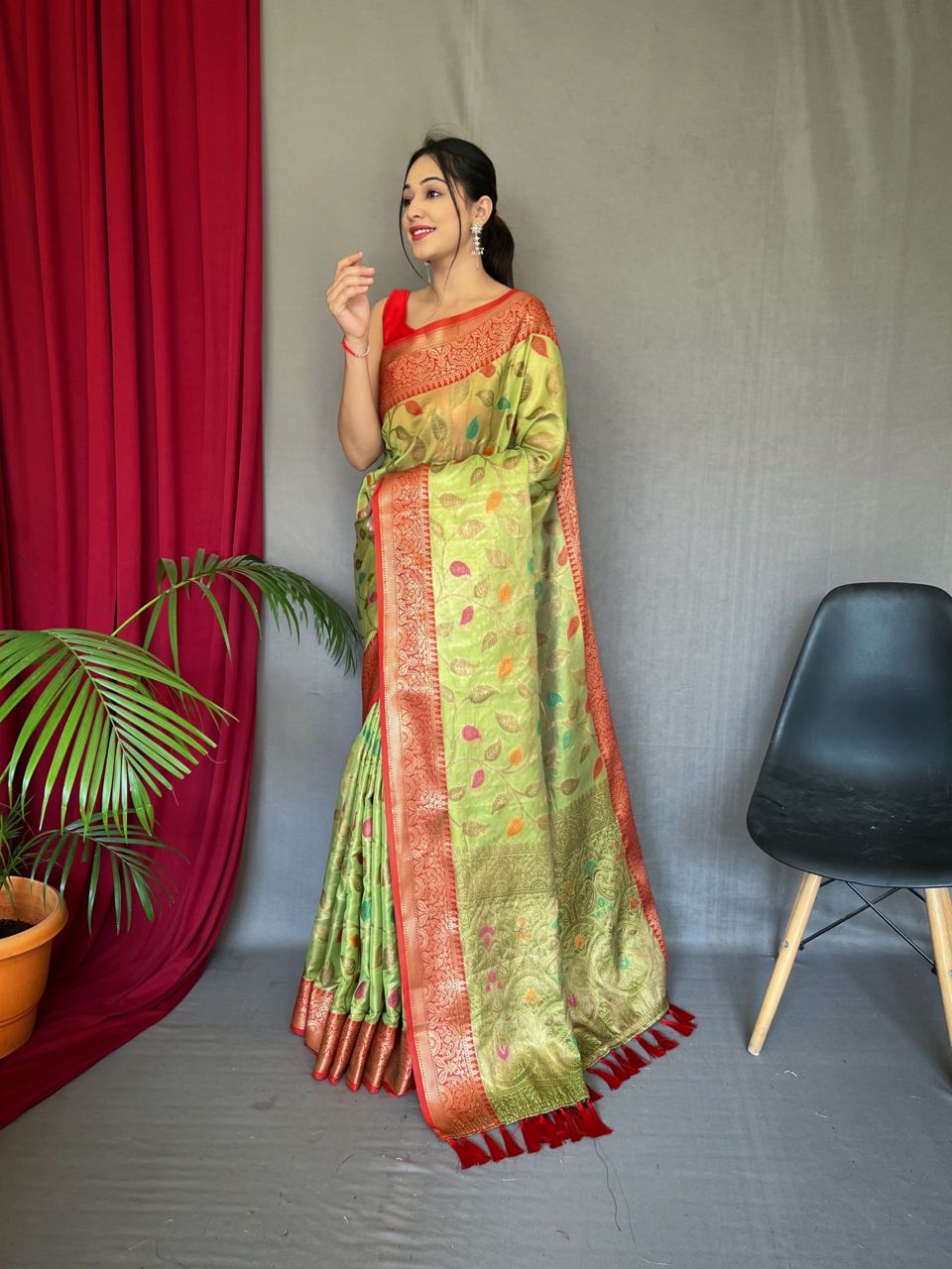 Tissue Silk Leaf Print Parrot Green Color Saree