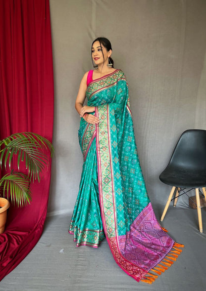 Aqua Green Color Rich Pallu Meenakari Patola Saree