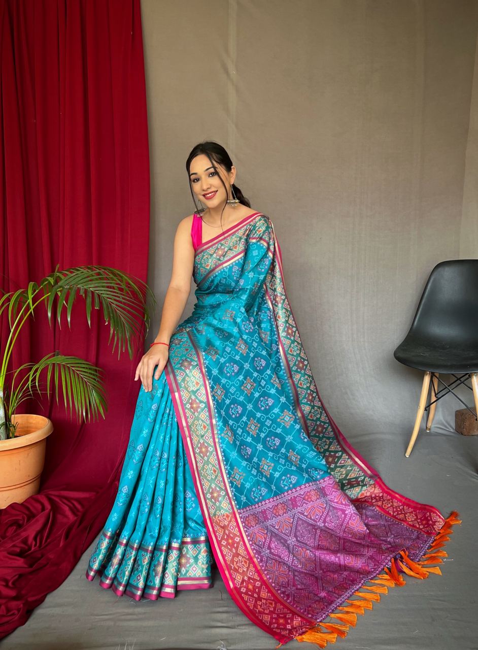 Sky Blue Color Rich Pallu Meenakari Patola Saree