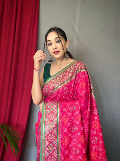 Pink Color Rich Pallu Meenakari Patola Saree