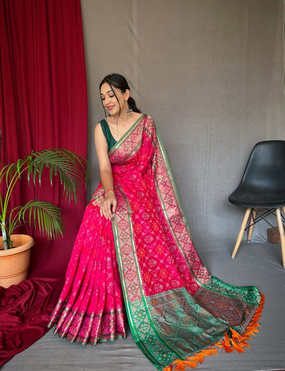 Pink Color Rich Pallu Meenakari Patola Saree