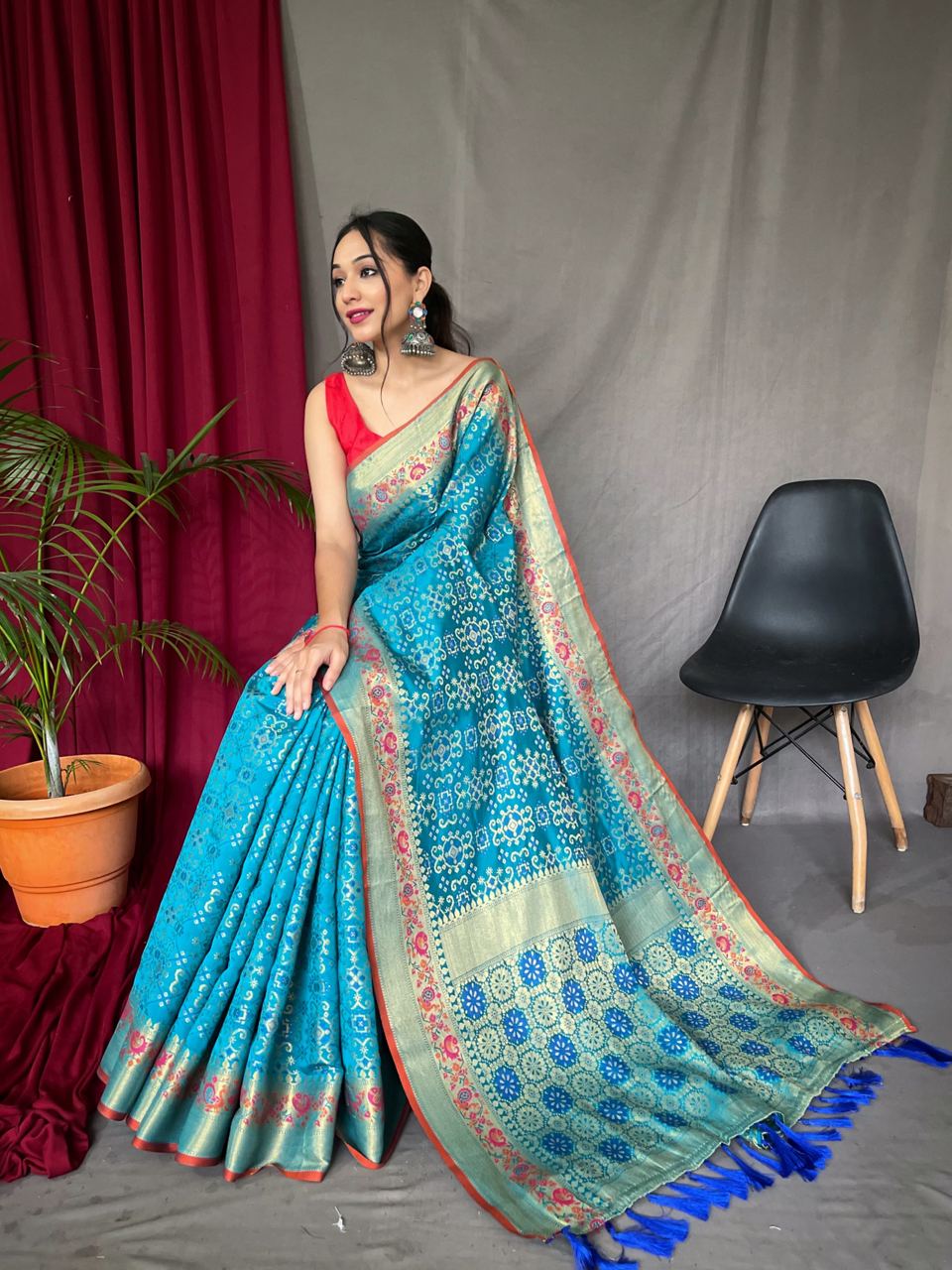 Sky Blue Color Paithani And Patola Saree