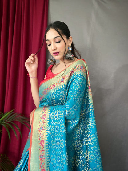 Sky Blue Color Paithani And Patola Saree