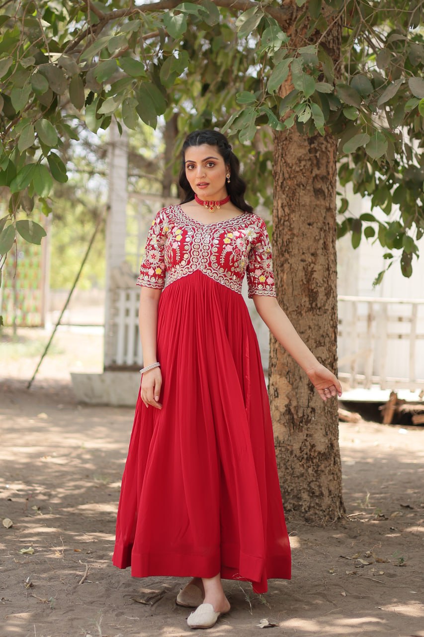 Wedding Wear Red Color Zari Thread Work Gown