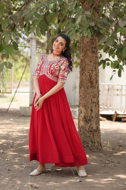 Wedding Wear Red Color Zari Thread Work Gown