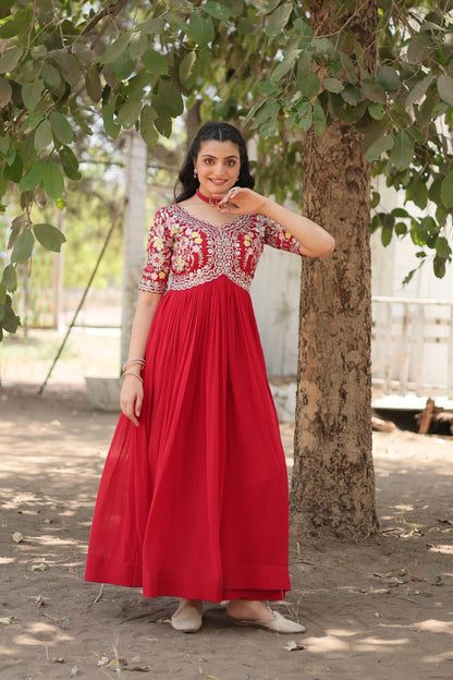 Wedding Wear Red Color Zari Thread Work Gown