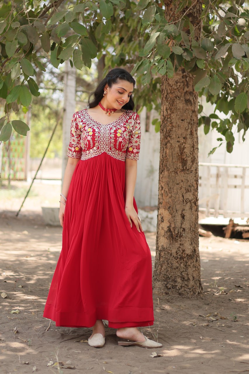 Wedding Wear Red Color Zari Thread Work Gown