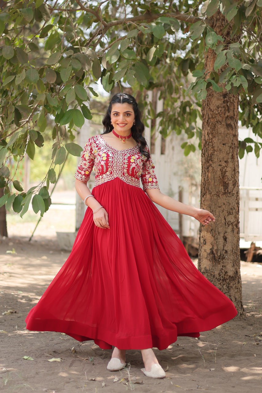 Wedding Wear Red Color Zari Thread Work Gown