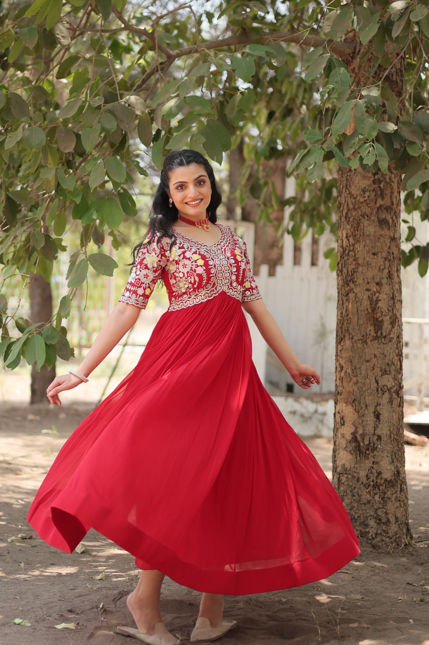 Wedding Wear Red Color Zari Thread Work Gown