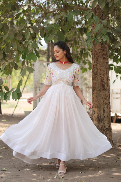 Wedding Wear White Color Zari Thread Work Gown