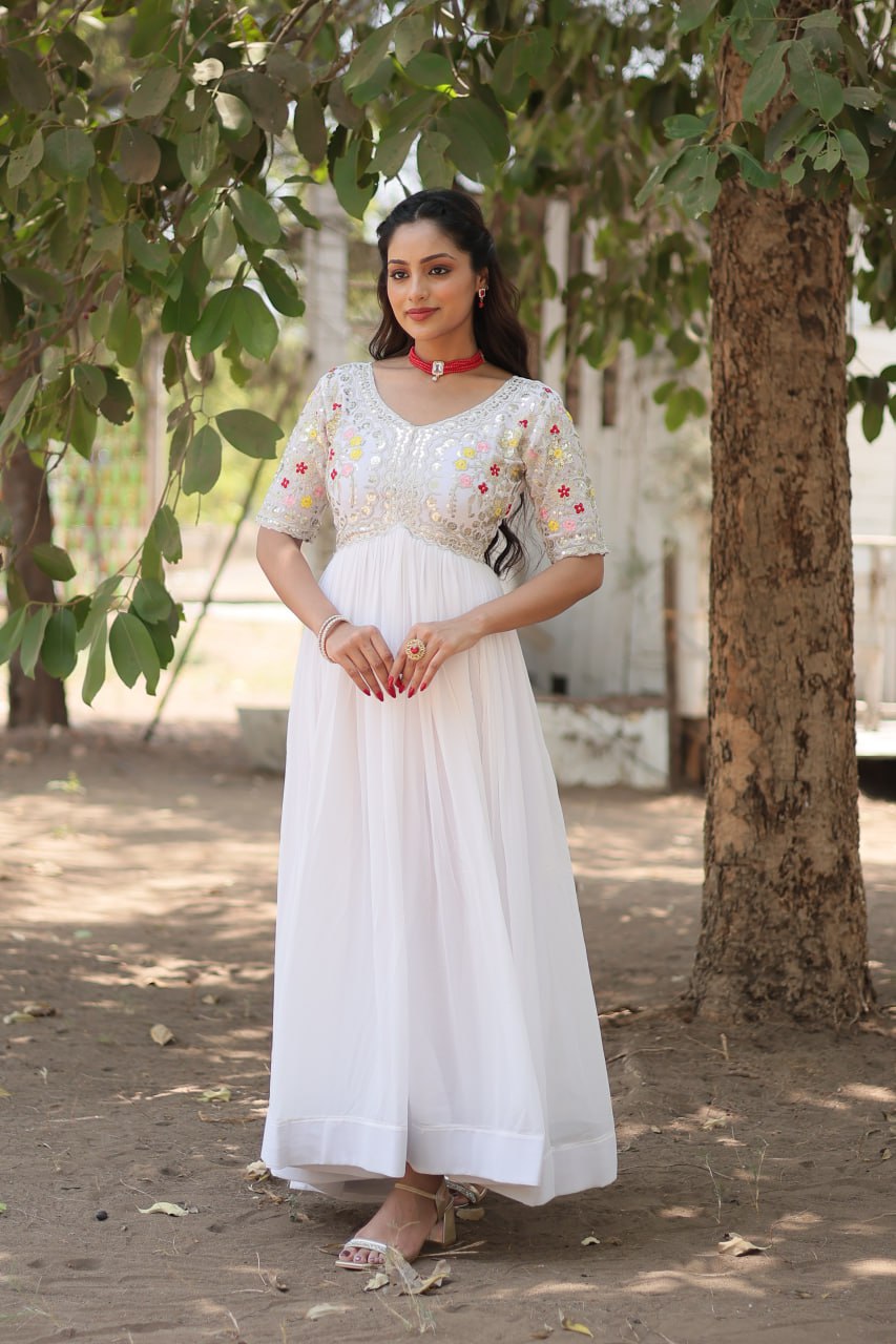 Wedding Wear White Color Zari Thread Work Gown