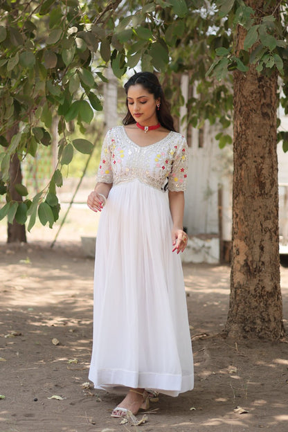 Wedding Wear White Color Zari Thread Work Gown