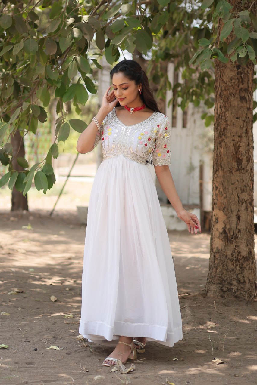 Wedding Wear White Color Zari Thread Work Gown