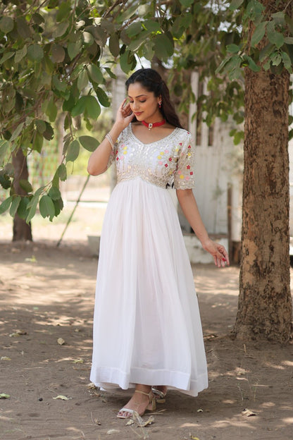 Wedding Wear White Color Zari Thread Work Gown