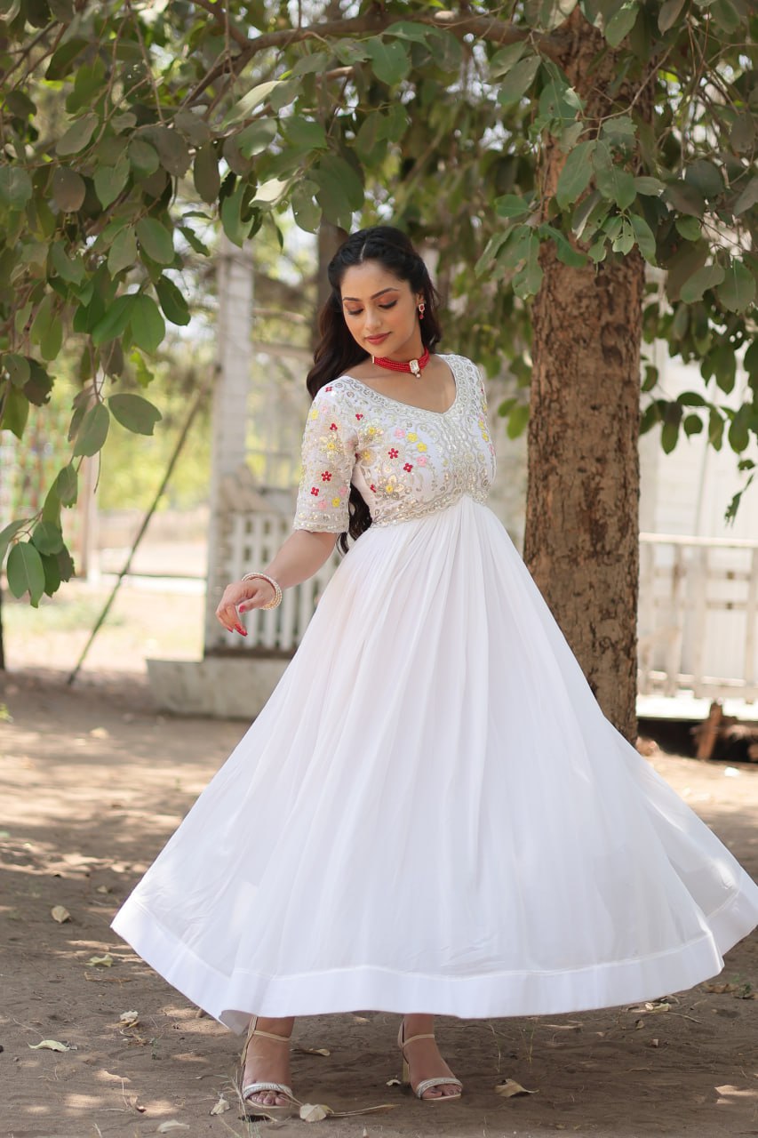 Wedding Wear White Color Zari Thread Work Gown