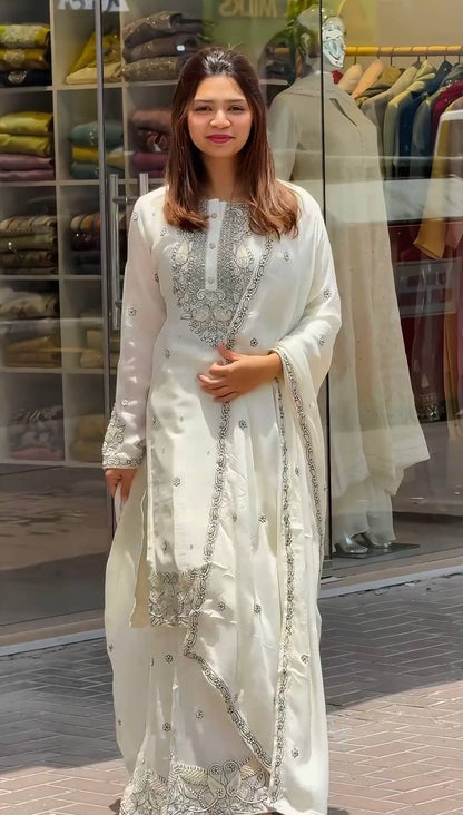 Malty Thread Embroidery Work White Color Sharara Suit