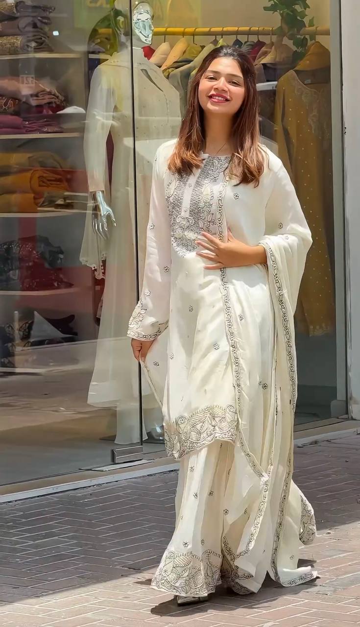 Malty Thread Embroidery Work White Color Sharara Suit