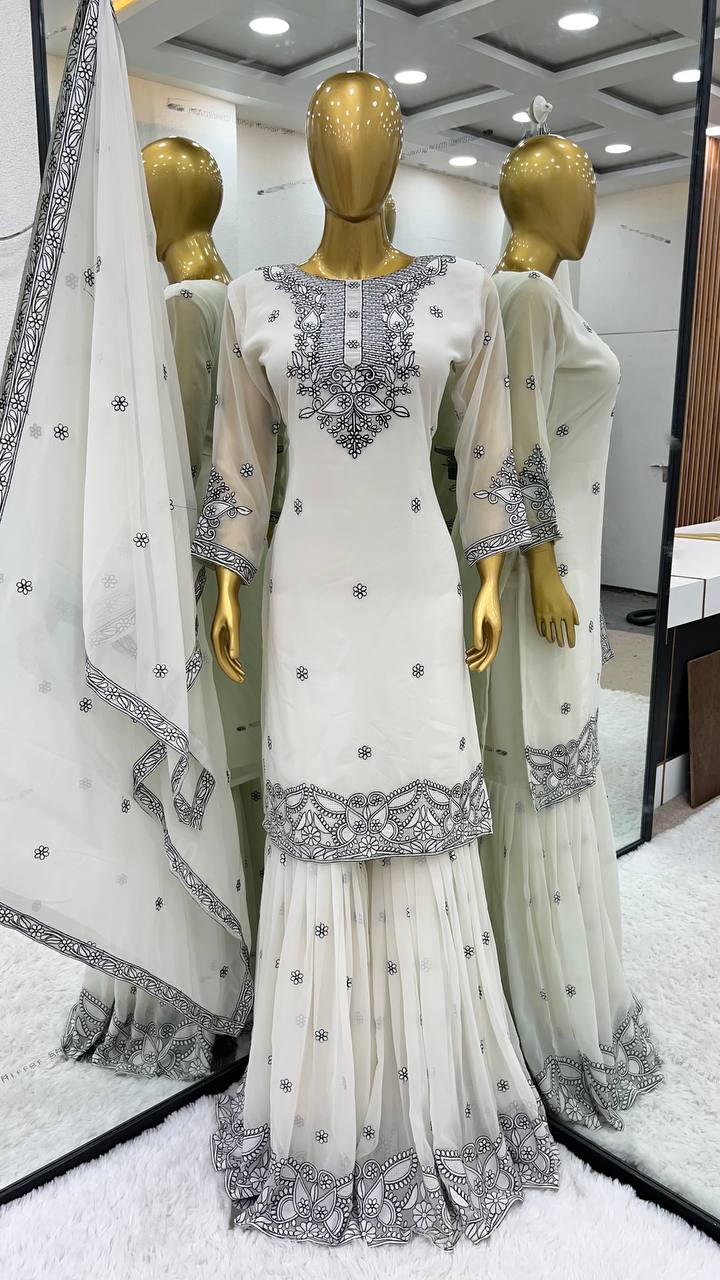 Malty Thread Embroidery Work White Color Sharara Suit